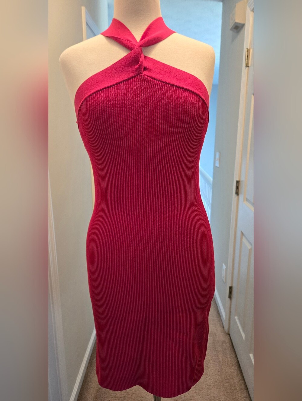 Babaton Fuchsia Twist Halter Ribbed Mini Dress, Size Large